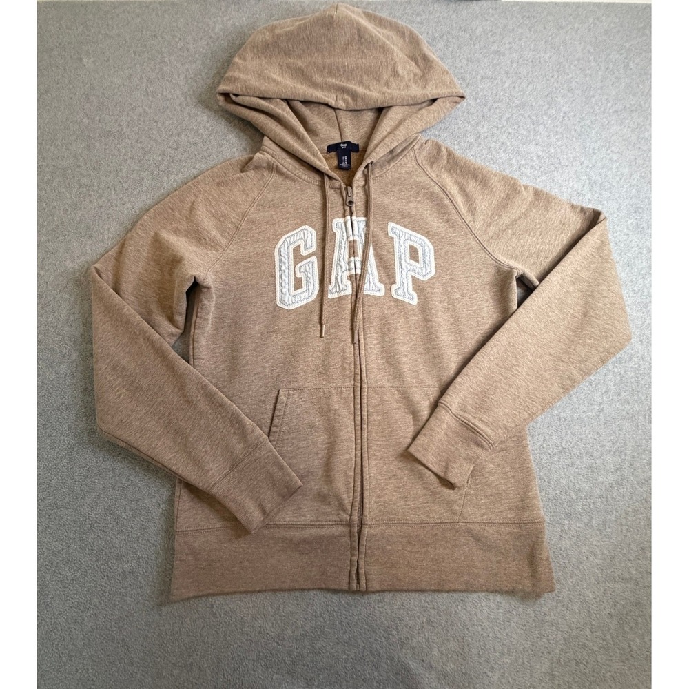 Gap Zip Up Hoodie Small Tan Embroidered Logo Fleece Long Sleeve Med